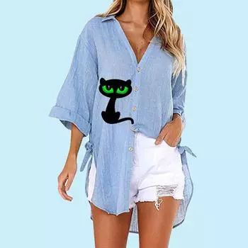 Женская модная рубашка с принтом кошки, летняя и осенняя модная футболка с коротким рукавом на пуговицах, женская повседневная футболка с v-образным вырезом, свободные длинные блузки S белый