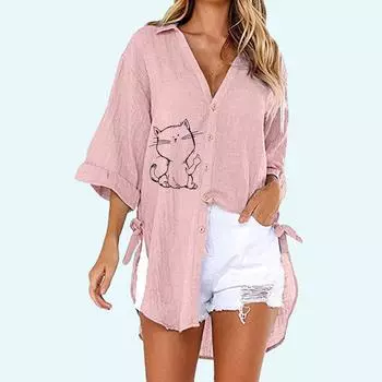 Женская модная рубашка с принтом кошки, летняя и осенняя модная футболка с коротким рукавом на пуговицах, женская повседневная футболка с v-образным вырезом, свободные длинные блузки S белый