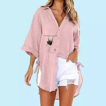 Женская модная рубашка с принтом кошки, летняя и осенняя модная футболка с коротким рукавом на пуговицах, женская повседневная футболка с v-образным вырезом, свободные длинные блузки S белый