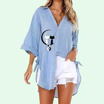 Женская модная рубашка с принтом кота, летняя и осенняя модная футболка с коротким рукавом, женские повседневные свободные длинные блузки с v-образным воротником на пуговицах S белый