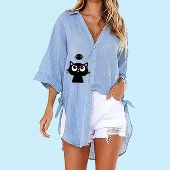 Женская модная рубашка с принтом кота, летняя и осенняя модная футболка с коротким рукавом, женские повседневные свободные длинные блузки с v-образным воротником на пуговицах S белый