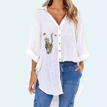 Женская модная рубашка с принтом кота, летняя и осенняя модная футболка с коротким рукавом, женские повседневные свободные длинные блузки с v-образным воротником на пуговицах S белый