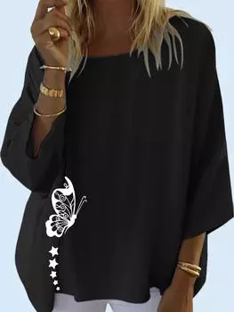 Женская модная рубашка с принтом, круглый воротник 3/4 с длинным рукавом, женский повседневный пуловер, свободные блузки S