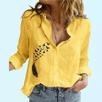 Женская модная рубашка с принтом перьев, женские повседневные льняные топы с длинными рукавами, летние и осенние свободные блузки на пуговицах S белый
