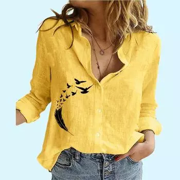 Женская модная рубашка с принтом перьев, женские повседневные льняные топы с длинными рукавами, летние и осенние свободные блузки на пуговицах S белый