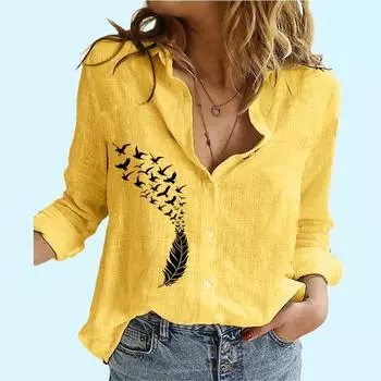 Женская модная рубашка с принтом перьев, женские повседневные льняные топы с длинными рукавами, летние и осенние свободные блузки на пуговицах S белый