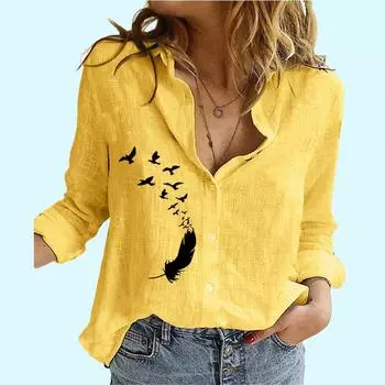 Женская модная рубашка с принтом перьев, женские повседневные льняные топы с длинными рукавами, летние и осенние свободные блузки на пуговицах S белый
