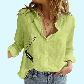 Женская модная рубашка с принтом перьев, женские повседневные льняные топы с длинными рукавами, летние и осенние свободные блузки на пуговицах S белый