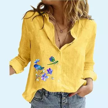 Женская модная рубашка с принтом, повседневный хлопковый льняной топ с длинными рукавами, женская свободная блузка больших размеров на пуговицах S белый