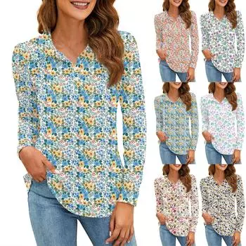 Женская модная рубашка с принтом, воротник на пуговицах, V-образный вырез, длинный рукав, свободная рубашка, топы XXL жёлтый