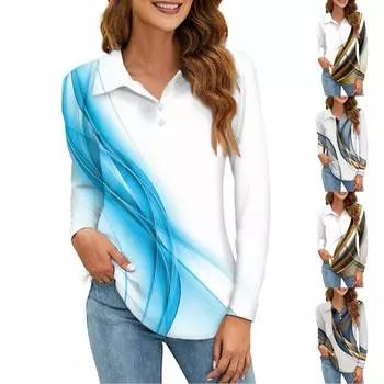 Женская модная рубашка с принтом, воротник на пуговицах, V-образный вырез, длинный рукав, свободная рубашка, топы XXL тёмно-синий