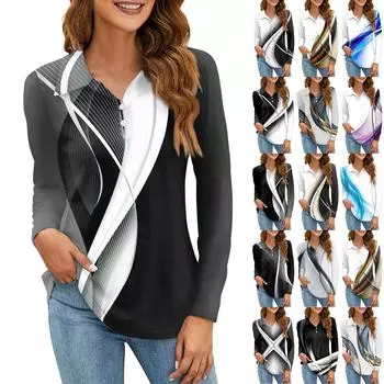 Женская модная рубашка с принтом, воротник на пуговицах, V-образный вырез, длинный рукав, свободная рубашка, топы L чёрный