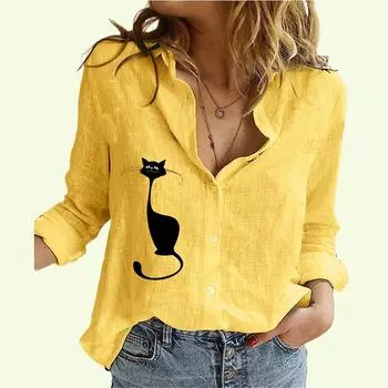 Женская модная рубашка с воротником-лацканом, весна-осень, хлопковый льняной топ, женская повседневная летняя блузка с принтом S белый