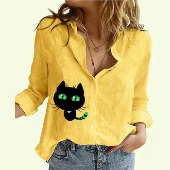 Женская модная рубашка с воротником-лацканом, весна-осень, хлопковый льняной топ, женская повседневная летняя блузка с принтом S белый