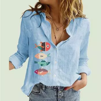 Женская модная рубашка с воротником с лацканами, весенне-осенний хлопковый льняной топ, повседневный кардиган с принтом, блузки S белый