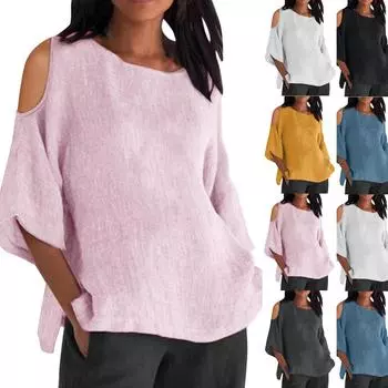 Женская модная рубашка свободного покроя с круглым вырезом и рукавами семь четвертей, однотонная, с открытыми плечами L чёрный