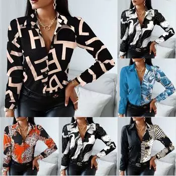 Женская модная рубашка Винтажная осенняя рубашка с принтом Блузка Повседневная рубашка с длинным рукавом с v-образным вырезом Блузка S