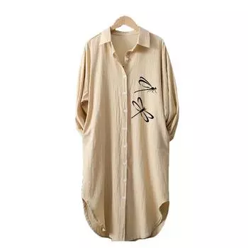Женская модная рубашка выше колена с воротником-стойкой, повседневное свободное платье-рубашка с длинным рукавом и принтом
