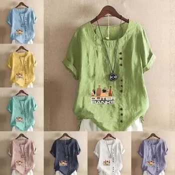 Женская модная семейная футболка с круглым вырезом и короткими рукавами, повседневная хлопково-льняная рубашка с рисунком, свободная летняя блузка для отдыха, топы S розовый