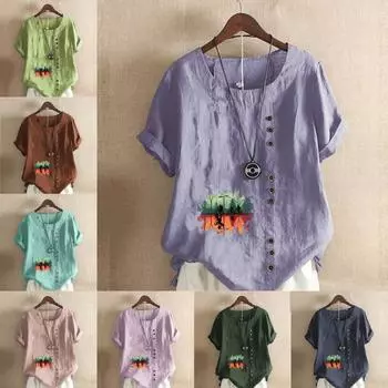 Женская модная семейная футболка с круглым вырезом и короткими рукавами, повседневная хлопково-льняная рубашка с рисунком, свободная летняя блузка для отдыха, топы S розовый