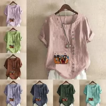 Женская модная семейная футболка с круглым вырезом и короткими рукавами, повседневная хлопково-льняная рубашка с рисунком, свободная летняя блузка для отдыха, топы S розовый