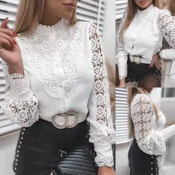 Женская модная сексуальная кружевная рубашка с высоким воротником и пуговицами, топы L белый