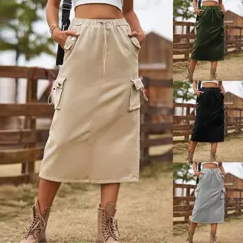 Женская модная сексуальная однотонная джинсовая юбка-миди с полуэластичной резинкой на талии XXL хаки