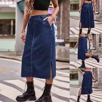 Женская модная сексуальная однотонная джинсовая юбка-миди с полуэластичной резинкой на талии L синий