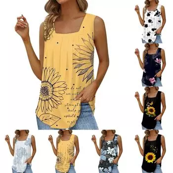 Женская модная сексуальная плиссированная майка без рукавов с квадратным вырезом и принтом L чёрный