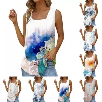 Женская модная сексуальная плиссированная майка без рукавов с квадратным вырезом и принтом L