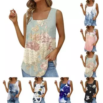 Женская модная сексуальная плиссированная майка без рукавов с квадратным вырезом и принтом L