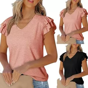 Женская модная сексуальная плиссированная однотонная трикотажная футболка с коротким рукавом L чёрный