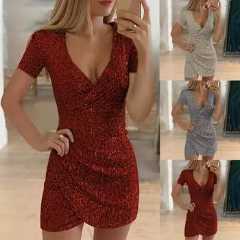 Женская модная сексуальная юбка с пайетками и v-образным вырезом, нерегулярная юбка с короткими рукавами L серый