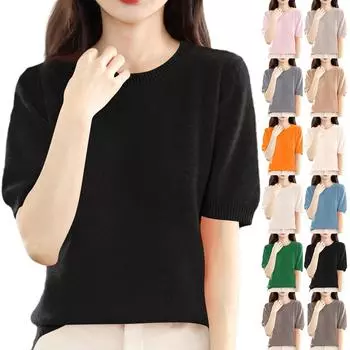 Женская модная шерстяная трикотажная рубашка с коротким рукавом и круглым вырезом, однотонная нижняя часть, трикотажная футболка, верх L бежевый