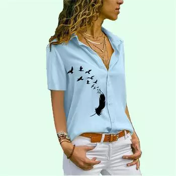 Женская модная шифоновая блузка, летняя повседневная рубашка с коротким рукавом и принтом на пуговицах S белый