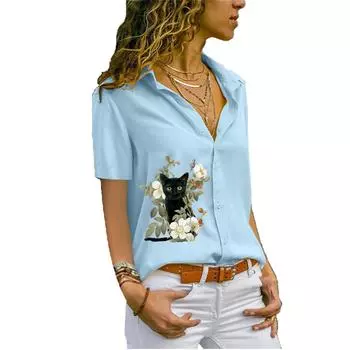 Женская модная шифоновая блузка с принтом, футболка с коротким рукавом, летняя повседневная рубашка на пуговицах S белый