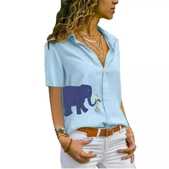 Женская модная шифоновая блузка с принтом, футболка с коротким рукавом, летняя повседневная рубашка на пуговицах S белый