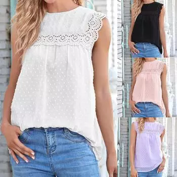 Женская модная шифоновая плюшевая рубашка без рукавов с полой кружевной майкой S чёрный