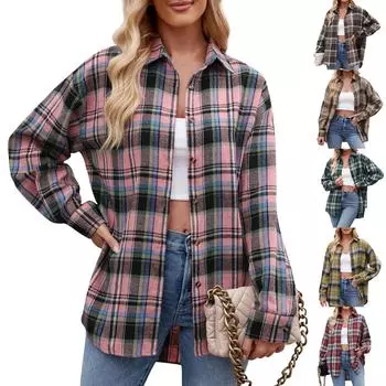 Женская модная широкая клетчатая куртка-рубашка на пуговицах с длинными рукавами