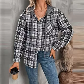 Женская модная широкая клетчатая куртка-рубашка с длинными рукавами и карманами на пуговицах и капюшоном L чёрный