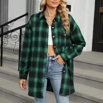 Женская модная широкая клетчатая куртка-рубашка с длинными рукавами и карманами на пуговицах L зелёный
