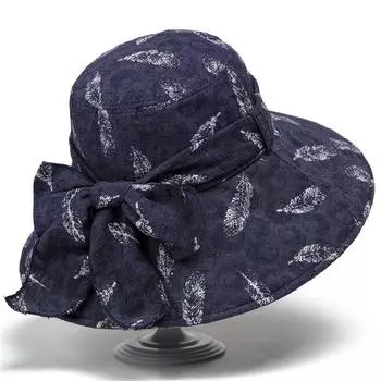 Женская модная шляпа с козырьком для защиты от солнца с большими полями и бантом, дышащая летняя пляжная шляпа на открытом воздухе M56-58cm тёмно-синий
