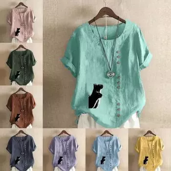 Женская модная симпатичная черная футболка с принтом в виде цветка кошки с коротким рукавом, свободная хлопковая рубашка, повседневная свободная летняя блузка, топы больших размеров S розовый