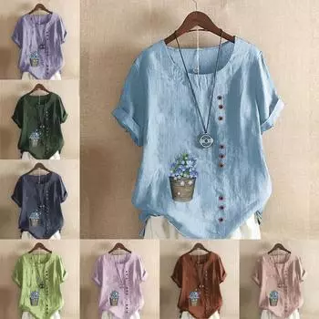 Женская модная синяя футболка с круглым вырезом и коротким рукавом с принтом в виде цветочного горшка, повседневная рубашка из хлопка и льна с рисунком, свободная летняя блузка для отдыха, топы S розовый