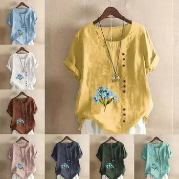 Женская модная синяя футболка с круглым вырезом и коротким рукавом с цветочным принтом, повседневная рубашка из хлопка и льна с графическим принтом, свободная летняя блузка для отдыха, топы S розовый