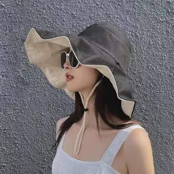 Женская модная складная шляпа от солнца: Двусторонняя, защита от УФ-излучения, большие поля, летний козырек 56-58cm бежевый/хаки