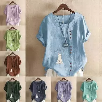 Женская модная созерцательная футболка с круглым вырезом и коротким рукавом из альпаки с принтом, повседневная рубашка из хлопка и льна с рисунком, свободная летняя блузка для отдыха, топы S розовый