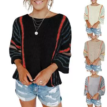 Женская модная спортивная одежда с круглым вырезом и рукавами 3/4, полосатая толстовка-топ L