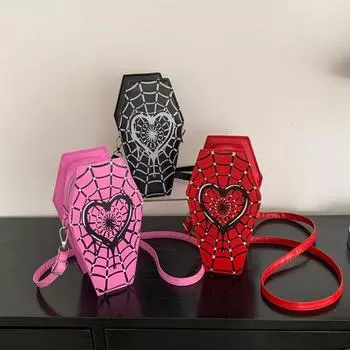 Женская модная сумка через плечо, большая вместимость, повседневная сумка в форме гроба, регулируемый ремень, паутина, искусственная кожа, сумка через плечо 12x9.5x22cm чёрный