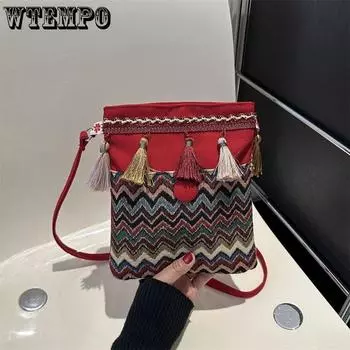 Женская модная сумка через плечо на осень/зиму в этническом стиле с простыми кисточками для телефона чёрный